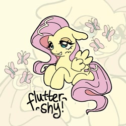 Size: 1519x1519 | Tagged: safe, artist:llemoncurdll, part of a set, fluttershy, butterfly, pegasus, pony, g4, female, lying down, mare, name, prone, solo, wings, zoom layer