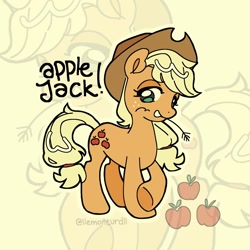 Size: 1522x1522 | Tagged: safe, artist:llemoncurdll, part of a set, applejack, earth pony, pony, g4, apple, applejack's hat, cowboy hat, female, food, hat, mare, name, signature, solo, straw in mouth, zoom layer