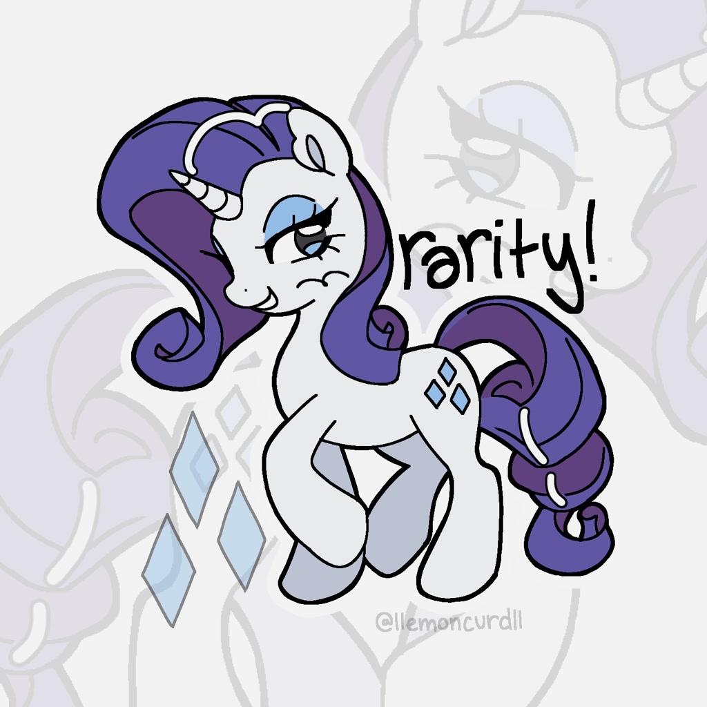 [female,horn,mare,name,pony,raised hoof,rarity,safe,signature,solo,unicorn,zoom layer,part of a set,smiling,artist:llemoncurdll]
