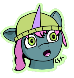 Size: 578x602 | Tagged: safe, artist:compscitwilight, mint grove, pony, unicorn, g5, my little pony: a new generation, bust, draw this in your style, female, hat, horn, mare, open mouth, portrait, scene interpretation, signature, simple background, solo, transparent background, wide eyes