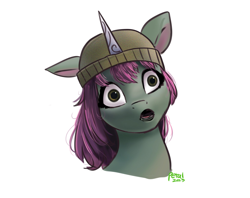 Size: 2048x1620 | Tagged: safe, artist:petaltwinkle, mint grove, pony, unicorn, g5, my little pony: a new generation, 2023, draw this in your style, female, hat, horn, mare, open mouth, scene interpretation, signature, simple background, solo, white background, wide eyes