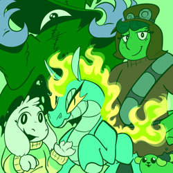 Size: 1280x1280 | Tagged: safe, artist:leafytaffyart, part of a set, tianhuo (tfh), dragon, hybrid, longma, them's fightin' herds, asriel dreemurr, community related, crossover, green, group, looking at you, mane of fire, tail, tail of fire, undertale