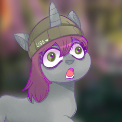 Size: 799x793 | Tagged: safe, artist:ubecakez, mint grove, pony, unicorn, g5, my little pony: a new generation, bridlewood, draw this in your style, female, hat, horn, mare, open mouth, outdoors, scene interpretation, solo, wide eyes