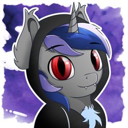 Size: 3919x3920 | Tagged: safe, artist:etheria galaxia, oc, oc only, oc:dreaming star, bat pony, bat pony unicorn, hybrid, pony, unicorn, bat pony oc, chest fluff, clothes, ear tufts, fangs, high res, hoodie, horn, male, male oc, red eyes, solo, stallion