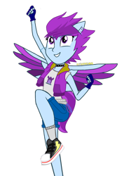 Size: 1060x1440 | Tagged: safe, artist:kylexisliner, zoom zephyrwing, human, equestria girls, g4, g5, my little pony equestria girls: better together, run to break free, clothes, converse, female, jacket, jumping, ponied up, shirt, shoes, simple background, smiling, solo, spread wings, transparent background, vector, wings