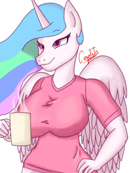 Size: 768x1024 | Tagged: safe, artist:cjv2004, princess celestia, alicorn, anthro, g4, big breasts, breasts, busty princess celestia, clothes, coffee, coffee mug, female, hand on hip, holding, horn, huge breasts, lidded eyes, mug, shirt, signature, simple background, smiling, solo, steam, white background, wide hips, wings