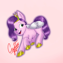 Size: 1280x1280 | Tagged: safe, artist:cjv2004, pipp petals, pegasus, pony, g5, female, looking back, mare, open mouth, open smile, pink background, signature, simple background, smiling, solo, tail, unshorn fetlocks, wings