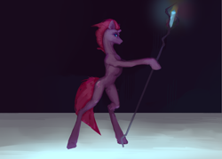 Size: 6470x4631 | Tagged: safe, artist:gemm, tempest shadow, pony, unicorn, g4, belly, bipedal, broken horn, concave belly, eye scar, facial scar, horn, long legs, rampant, scar, side view, sinister (heraldry), slender, solo, staff, staff of sacanas, sternocleidomastoid, tall, thin