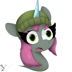 Size: 3000x3000 | Tagged: safe, artist:daftramms, mint grove, pony, unicorn, g5, my little pony: a new generation, draw this in your style, female, hat, high res, horn, mare, open mouth, scene interpretation, signature, simple background, solo, white background, wide eyes