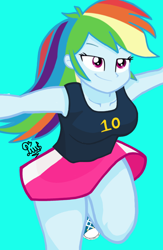 Size: 720x1103 | Tagged: safe, artist:flutteryaylove, rainbow dash, human, equestria girls 10th anniversary, equestria girls, g4, blouse, clothes, converse, miniskirt, running, shoes, simple background, skirt, smiling, sports