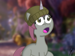 Size: 2048x1536 | Tagged: safe, artist:jesslmc16, mint grove, pony, unicorn, g5, my little pony: a new generation, 2023, bridlewood, draw this in your style, female, hat, horn, mare, open mouth, outdoors, scene interpretation, signature, solo, wide eyes