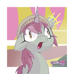 Size: 2048x2048 | Tagged: safe, artist:greyofurnama, mint grove, pony, unicorn, g5, my little pony: a new generation, derp, draw this in your style, female, hat, high res, horn, mare, one ear down, open mouth, scene interpretation, signature, solo, starry eyes, tail, wide eyes, wingding eyes