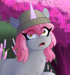 Size: 1684x1813 | Tagged: safe, artist:emera33, mint grove, pony, unicorn, g5, my little pony: a new generation, draw this in your style, female, flower, hat, horn, looking at you, mare, open mouth, outdoors, scene interpretation, solo, sparkles, tree, wide eyes