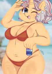 Size: 1462x2048 | Tagged: safe, artist:ubecakez, oc, oc only, unicorn, anthro, art trade, beach, belly button, big breasts, bikini, breasts, chubby, cleavage, clothes, drink, ear piercing, earring, holding, horn, jewelry, legs together, looking at you, obese, one eye closed, outdoors, piercing, raised arm, sand, signature, solo, sweat, swimsuit, water, wink, winking at you