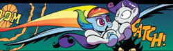 Size: 534x157 | Tagged: safe, artist:andy price, idw, rainbow dash, rarity, pegasus, pony, unicorn, friendship is magic #102, g4, my little pony: friendship is magic (idw), catching, comic, comic panel, cropped, duo, holding a pony, large wings, screencap comic, wings