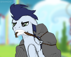 Size: 2500x2000 | Tagged: safe, artist:harleneap, soarin', pegasus, pony, g4, atg 2023, gritted teeth, high res, newbie artist training grounds, pulling, rock, rope, solo, teeth