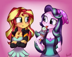 Size: 1024x811 | Tagged: safe, artist:queentigrel, starlight glimmer, sunset shimmer, human, equestria girls, equestria girls specials, g4, mirror magic, 2017, :p, beanie, blushing, breasts, busty starlight glimmer, busty sunset shimmer, cleavage, clothes, crossed arms, duo, duo female, eyebrows, female, food, geode of empathy, hat, ice cream, ice cream cone, jacket, jewelry, leather, leather jacket, lesbian, looking at each other, magical geodes, necklace, raised eyebrow, reasonably sized breasts, ship:shimmerglimmer, shipping, smiling, that human sure does love ice cream, that pony sure does love ice cream, tongue out