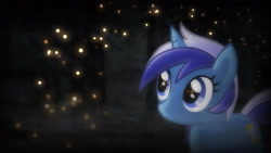 Size: 1920x1080 | Tagged: safe, artist:sterlingpony, minuette, firefly (insect), insect, pony, unicorn, g4, female, forest, mare, night, solo, song cover, wallpaper