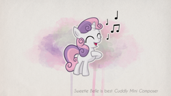 Size: 3840x2160 | Tagged: safe, artist:sterlingpony, sweetie belle, pony, unicorn, g4, eyes closed, female, filly, foal, high res, music notes, outline, singing, solo, wallpaper