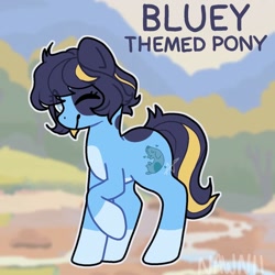 Size: 1080x1080 | Tagged: safe, artist:nawnii, oc, oc only, earth pony, pony, bluey, bluey heeler, ponified, ponysona, raised hoof, signature, spots, text