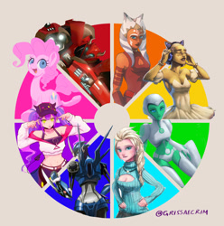 Size: 1280x1291 | Tagged: safe, artist:grissaecrim, pinkie pie, human, pony, twi'lek, g4, ahsoka tano, arcee, aya, barriss offee, breasts, challenge, cleavage, cliffjumper, clothes, color wheel, color wheel challenge, dc comics, dress, elsa, fanart, female, frozen (movie), green lantern, hololive, keyhole turtleneck, mare, meme, star wars, star wars: the clone wars, tokoyami towa, transformers, transformers prime, turtleneck