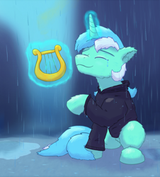 Size: 1092x1207 | Tagged: safe, artist:gosha305, lyra heartstrings, pony, unicorn, fanfic:background pony, g4, blurry background, clothes, crying, dig the swell hoodie, ear fluff, eyes closed, fanfic art, female, full body, hoodie, hooves, levitation, lyre, magic, mare, music, musical instrument, rain, sad, solo, telekinesis