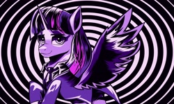 Size: 4096x2458 | Tagged: safe, artist:poxy_boxy, twilight sparkle, alicorn, pony, g4, commission, female, lidded eyes, limited palette, looking at you, mare, necktie, smiling, smiling at you, solo, spread wings, swirly background, twilight sparkle (alicorn), wings