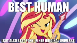 Size: 1920x1080 | Tagged: safe, edit, edited screencap, screencap, sunset shimmer, human, equestria girls, g4, best human, best pony, caption, electric guitar, guitar, image macro, implied pony, musical instrument, one eye closed, open mouth, open smile, smiling, text, wink