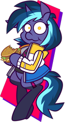 Size: 3294x6165 | Tagged: safe, artist:threetwotwo32232, oc, oc:twilight aurora, pony, unicorn, bipedal, burger, female, food, looking at you, mare, simple background, transparent background