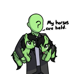 Size: 687x716 | Tagged: safe, artist:neuro, oc, oc only, oc:anon, oc:filly anon, earth pony, human, pony, :p, cute, dialogue, female, filly, foal, hold your horses, holding a pony, literal, male, simple background, smiling, tongue out, transparent background, trio