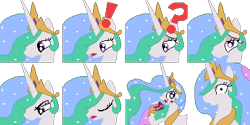 Size: 384x192 | Tagged: safe, artist:scootaloormayfly, princess celestia, princess molestia, g4, cake, cakelestia, confused, crown, exclamation point, food, jewelry, pixel art, question mark, regalia, rpg maker, simple background, sprite, surprised, transparent background