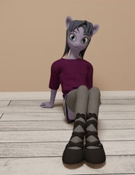 Size: 2520x3240 | Tagged: safe, artist:cicada bluemoon, oc, oc only, oc:cicada bluemoon, anthro, 3d, anthro oc, clothes, crossdressing, femboy, high res, leg focus, looking at you, male, male oc, room, shirt, shoes, sitting, skirt, socks, solo, stockings, t-shirt, thigh highs