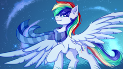 Size: 2500x1406 | Tagged: safe, artist:stesha, oc, oc only, oc:manti'core, pegasus, pony, chest fluff, clothes, ear fluff, eye clipping through hair, eyebrows, eyebrows visible through hair, full body, looking at you, male, male oc, multicolored mane, multicolored tail, pegasus oc, raised hoof, scarf, sky, sky background, smiling, smiling at you, solo, spread wings, stallion, stars, striped scarf, tail, wings