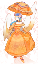 Size: 1729x2929 | Tagged: safe, artist:iamsmileo, oc, oc:gabrizzy, pegasus, anthro, clothes, cottagecore, cotton candy, dress, female, high heels, pegasus oc, shoes, solo, wings