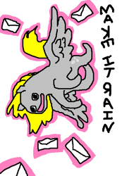 Size: 433x627 | Tagged: safe, artist:seniorpony, derpy hooves, pegasus, pony, g4, backwards letters, female, flying, mail, mare, ms paint, no nose, noodle legs, noodle limbs, simple background, solo, stylistic suck, text, white background