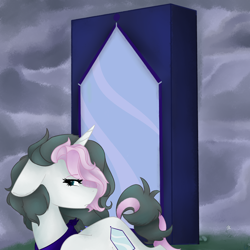 Size: 3000x3000 | Tagged: safe, artist:namiiarts, oc, oc only, oc:hollow mirror, pony, unicorn, album cover, cloud, cloudy, female, floppy ears, frown, high res, looking sideways, mare, mirror, monolith, neckerchief, solo, turned head