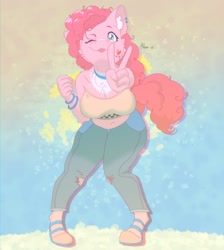 Size: 2289x2558 | Tagged: safe, artist:mooons, pinkie pie, earth pony, anthro, unguligrade anthro, g4, :p, abstract background, belly button, bracelet, breasts, busty pinkie pie, cheek fluff, chest fluff, cleavage, clothes, cute, cute little fangs, denim, ear fluff, fangs, female, high res, jeans, jewelry, looking at you, mare, one eye closed, pants, peace sign, plump, smiling, smiling at you, solo, tongue out, wink, winking at you
