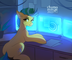 Size: 3216x2715 | Tagged: safe, artist:chamommile, oc, oc only, earth pony, pony, commission, computer, earth pony oc, full body, high res, hologram, looking at you, male, male oc, monitor, not hitch trailblazer, smiling, smiling at you, solo