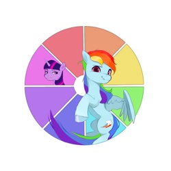 Size: 1000x1000 | Tagged: safe, artist:pascal571, rainbow dash, twilight sparkle, pegasus, pony, unicorn, g4, art challenge, color wheel, color wheel challenge, duo, female, frown, looking at you, mare, simple background, smiling, smiling at you, twilight sparkle is not amused, unamused, white background