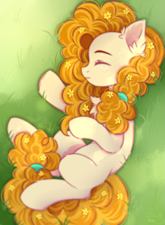 Size: 1833x2500 | Tagged: safe, artist:stesha, pear butter, earth pony, pony, g4, chest fluff, cute, ear fluff, eyes closed, female, flower, flower in hair, full body, grass, grass field, hair tie, high res, lying down, mare, on side, orange mane, orange tail, pearabetes, redraw, solo, tail