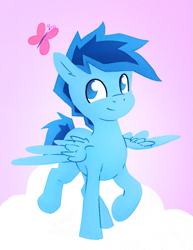 Size: 743x961 | Tagged: safe, artist:replacer808, oc, oc only, oc:happy dream, butterfly, pegasus, pony, cloud, gradient background, looking at something, male, male oc, on a cloud, smiling, solo, standing on a cloud, standing on two hooves