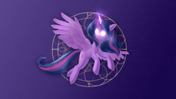 Size: 3840x2160 | Tagged: safe, artist:replacer808, twilight sparkle, alicorn, pony, g4, :o, female, flying, glowing, glowing eyes, glowing horn, high res, horn, long mane, magic, magic circle, mare, open mouth, solo, turned head, twilight sparkle (alicorn), wallpaper