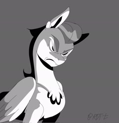 Size: 1975x2048 | Tagged: safe, artist:brdte, pegasus, pony, angry, black and white, chest fluff, frown, gray background, grayscale, monochrome, scowl, signature, simple background, solo