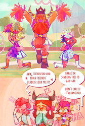 Size: 1031x1530 | Tagged: safe, artist:sockiepuppetry, ocellus, prince rutherford, princess ember, smolder, thorax, yona, human, g4, ;p, cellphone, cheerleader, cheerleader outfit, clothes, comic, commission, crossdressing, dialogue, embarrassed, eyes closed, facepalm, female, horn, horned humanization, horns, humanized, implied garble, king thorax, laughing, male, one eye closed, open mouth, open smile, phone, pom pom, smartphone, smiling, speech bubble, tongue out