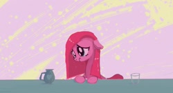 Size: 1959x1057 | Tagged: safe, artist:mandumustbasukanemen, pinkie pie, earth pony, pony, g4, abstract background, atg 2023, female, floppy ears, frown, glass, mare, newbie artist training grounds, pinkamena diane pie, pitcher, sad, solo