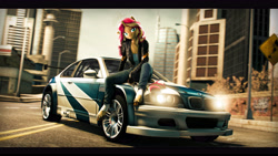 Size: 9600x5400 | Tagged: safe, artist:imafutureguitarhero, sunset shimmer, classical unicorn, unicorn, anthro, unguligrade anthro, g4, 3d, absurd file size, absurd resolution, black bars, bmw, bmw m3 gtr, car, cheek fluff, chest fluff, chest freckles, chromatic aberration, clothes, cloven hooves, colored eyebrows, colored eyelashes, crossover, ear fluff, ear freckles, female, film grain, fingerless gloves, floppy ears, fluffy, freckles, fur, gloves, graffiti, headlights, hoof fluff, hoof wraps, horn, jacket, key, leather, leather gloves, leather jacket, leg wraps, leonine tail, letterboxing, long hair, long mane, looking at you, mare, multicolored hair, multicolored mane, multicolored tail, need for speed, need for speed: most wanted, one ear down, outdoors, paintover, pants, peppered bacon, revamped anthros, revamped ponies, road, road sign, shirt, signature, sitting on car, smiling, smiling at you, solo, source filmmaker, streetlight, tail, unshorn fetlocks, wall of tags