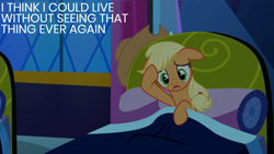 Size: 2000x1125 | Tagged: safe, edit, edited screencap, editor:quoterific, screencap, applejack, earth pony, pony, do princesses dream of magic sheep, g4, season 5, applejack's hat, bed, cowboy hat, female, hat, hatless, mare, missing accessory, open mouth, reaction image, solo, traumatized, twilight's castle