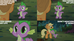 Size: 2000x1125 | Tagged: safe, edit, edited screencap, editor:quoterific, screencap, applejack, spike, dragon, earth pony, pony, g4, spike at your service, everfree forest, female, hug, male, mare