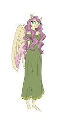 Size: 1080x1920 | Tagged: safe, artist:joyfulkitty, fluttershy, pegasus, anthro, unguligrade anthro, g4, arm behind back, clothes, colored wings, dress, eyelashes, feathered wings, female, green dress, long hair, looking up, off shoulder, pegasus wings, pink hair, smiling, solo, two toned wings, wavy hair, wings