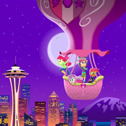 Size: 4800x4800 | Tagged: safe, artist:sapphiregamgee, apple bloom, babs seed, scootaloo, sweetie belle, human, equestria girls, g4, cutie mark crusaders, equestria girls-ified, female, full moon, hot air balloon, moon, seattle, space needle